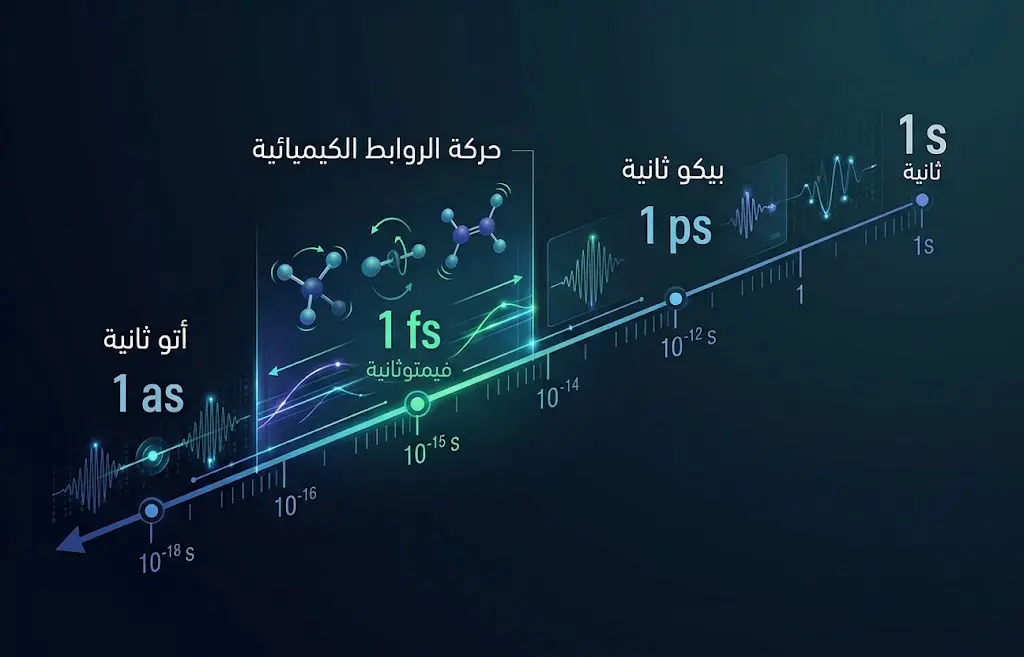 مخطط زمني علمي يوضح موضع الفيمتو ثانية بين الثانية والبيكو ثانية والأتو ثانية، مع إبراز زمن حركة الروابط الكيميائية.