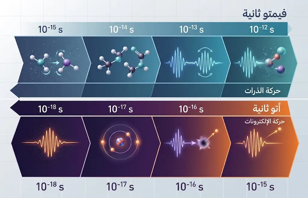 مخطط مقارن يوضح الفرق بين مجال الفيمتو ثانية المرتبط بحركة الذرات ومجال الأتو ثانية المرتبط بحركة الإلكترونات.