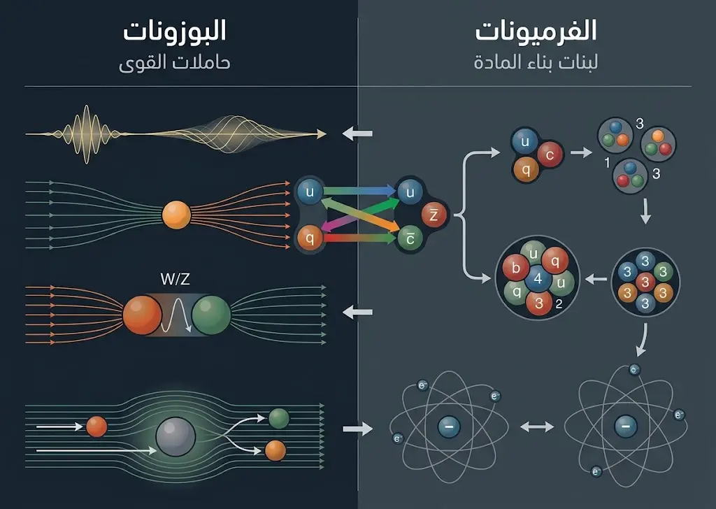 مخطط علمي يقارن بين الفرميونات التي تبني المادة والبوزونات التي تنقل القوى