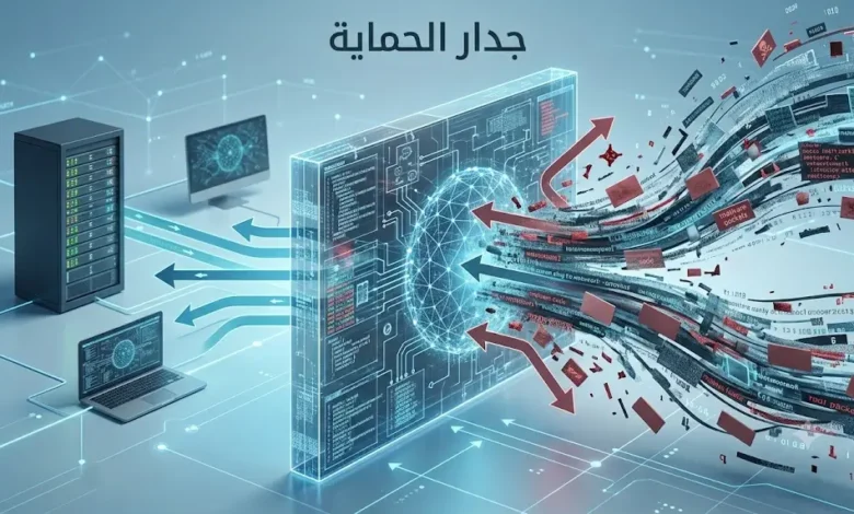 صورة غلاف توضح جدار الحماية كحاجز رقمي يفصل بين حركة إنترنت عدائية وشبكة داخلية آمنة