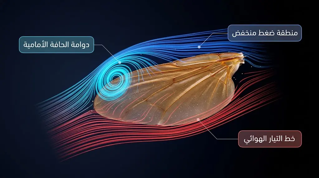  محاكاة ثلاثية الأبعاد لتدفق الهواء حول جناح الذبابة تُظهر دوامة الحافة الأمامية ومناطق الضغط