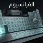 صورة غلاف علمية واقعية لعنصر الفرانسيوم مع إبراز موقعه في الجدول الدوري بوصفه عنصراً مشعاً نادراً.