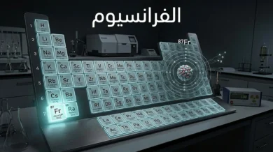 صورة غلاف علمية واقعية لعنصر الفرانسيوم مع إبراز موقعه في الجدول الدوري بوصفه عنصراً مشعاً نادراً.