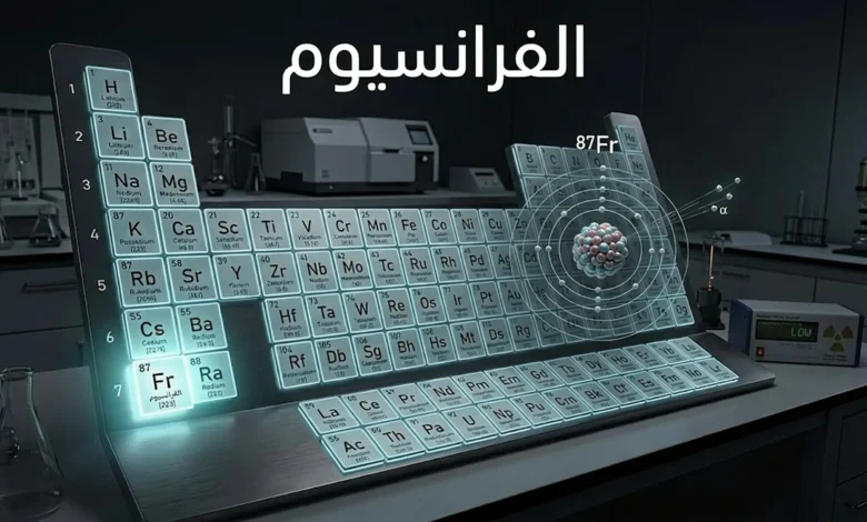 صورة غلاف علمية واقعية لعنصر الفرانسيوم مع إبراز موقعه في الجدول الدوري بوصفه عنصراً مشعاً نادراً.