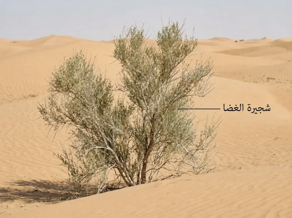 صورة واقعية لشجيرة الغضا أو شجرة الغضا الصغيرة فوق كثبان رملية عميقة في الصحراء