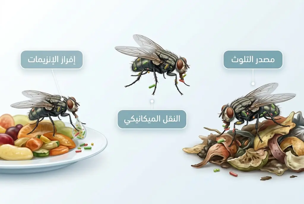 رسم علمي يوضح آلية نقل الذبابة المنزلية للبكتيريا من مصادر التلوث إلى الطعام عبر النقل الميكانيكي