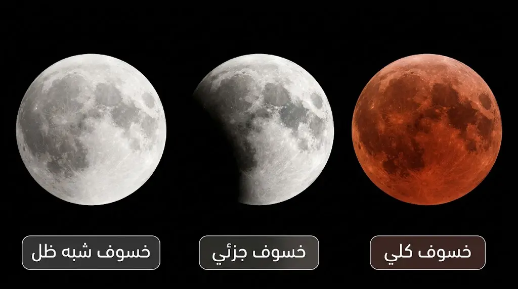 مقارنة بصرية بين ثلاثة أنواع من خسوف القمر: الكلي والجزئي وشبه الظل
