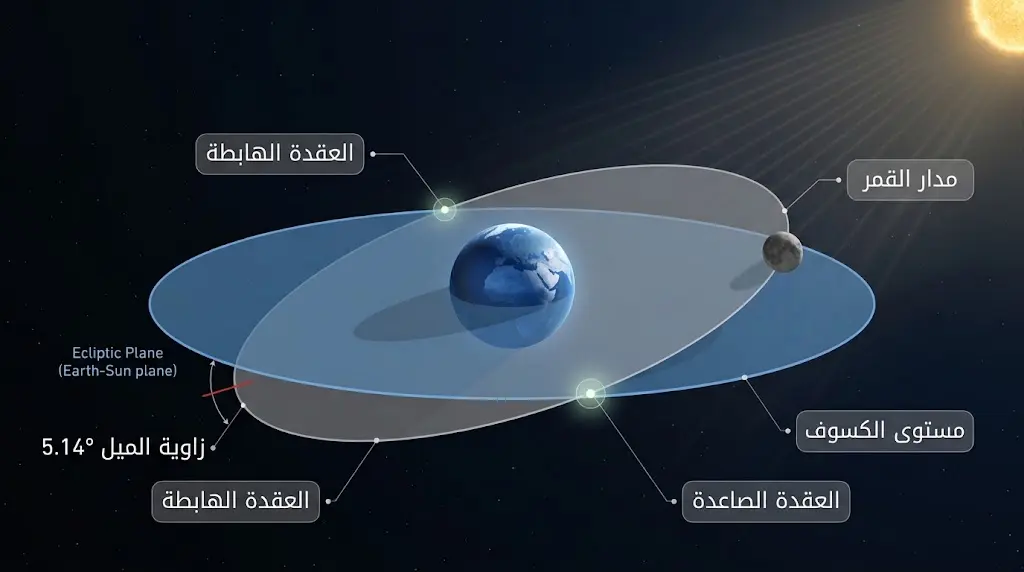 رسم ثلاثي الأبعاد يوضح ميل مدار القمر عن مستوى الكسوف والعقدتين القمريتين