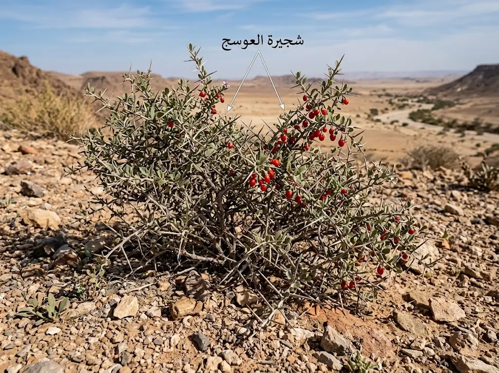 صورة واقعية لشجيرة العوسج الشوكية تحمل ثماراً حمراء صغيرة في وادٍ صحراوي حصوي