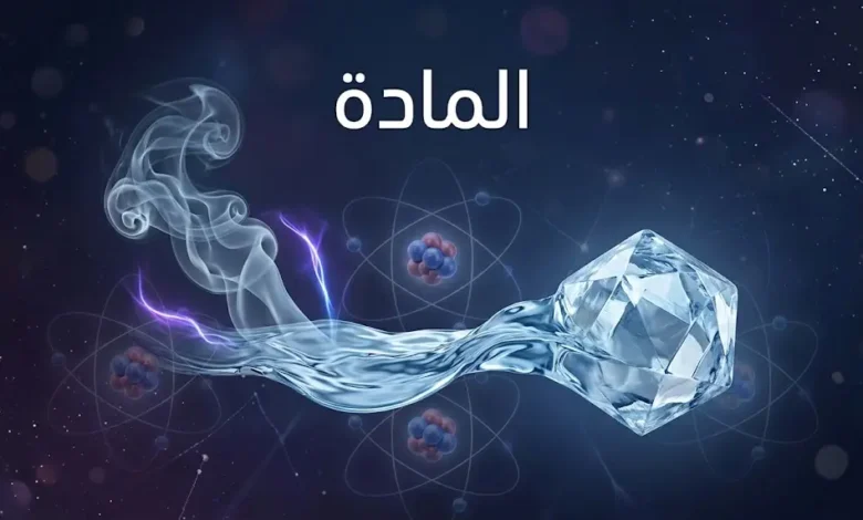 صورة غلاف علمية تجسد المادة عبر الحالات الصلبة والسائلة والغازية والبلازما مع إيحاء بالبنية الذرية