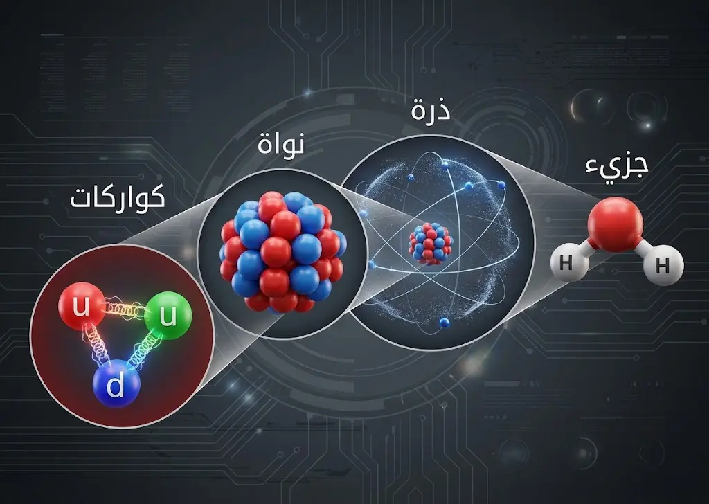تسلسل بصري يوضح انتقال البنية من الجزيء إلى الذرة ثم النواة ثم الكواركات