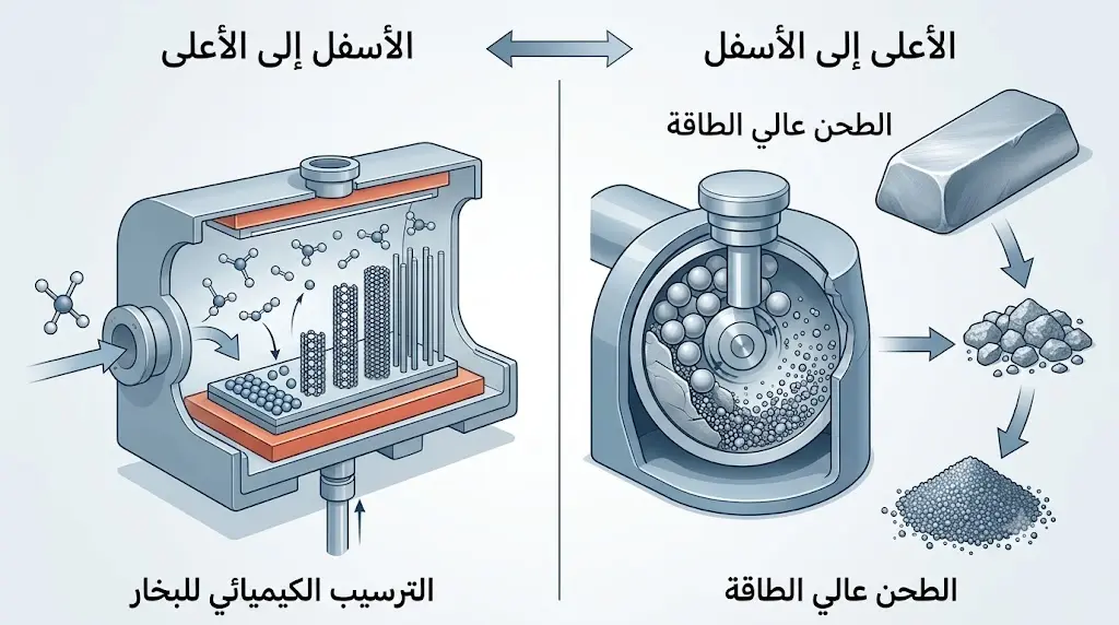 مقارنة بصرية بين النهج التنازلي والنهج التصاعدي في تصنيع المواد النانوية