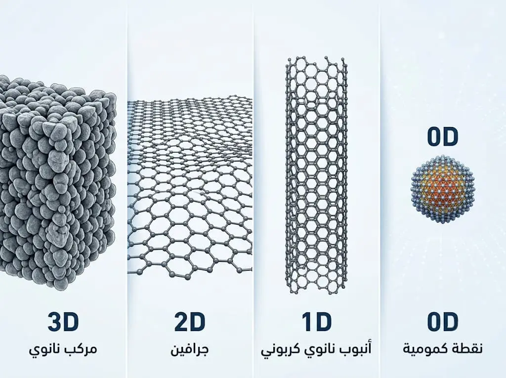 رسم علمي يوضح أمثلة المواد النانوية الصفرية والأحادية والثنائية والثلاثية الأبعاد