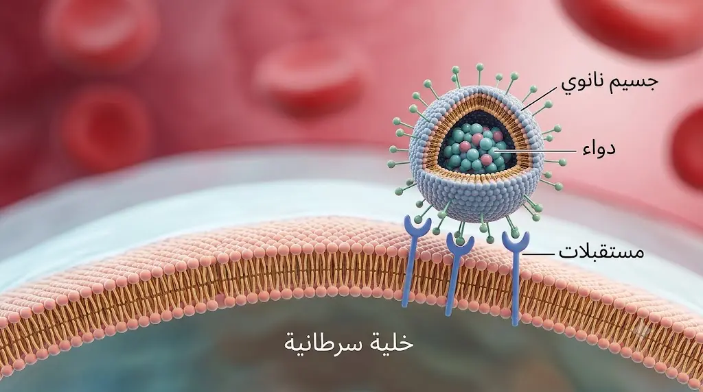 رسم ثلاثي الأبعاد يوضح جسيمًا نانويًا يحمل دواءً ويرتبط بمستقبلات على سطح خلية سرطانية