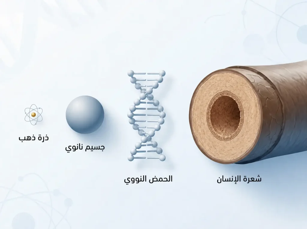 إنفوغراف علمي يقارن بصرياً بين شعرة الإنسان والحمض النووي والجسيم النانوي وذرة الذهب لتوضيح مقياس النانو.