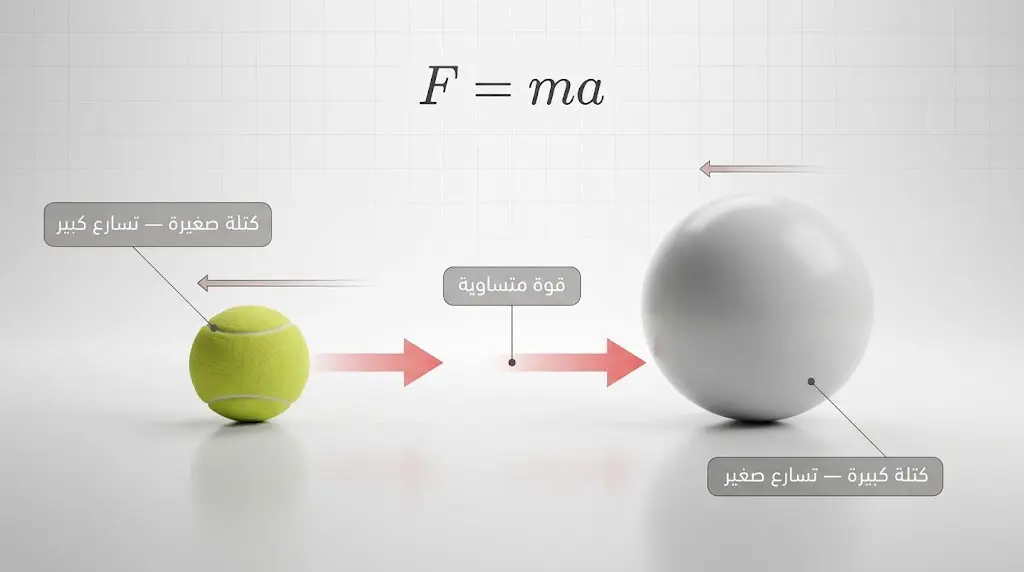 تمثيل ثلاثي الأبعاد لقانون نيوتن الثاني يوضح علاقة القوة والكتلة والتسارع بين جسمين مختلفين