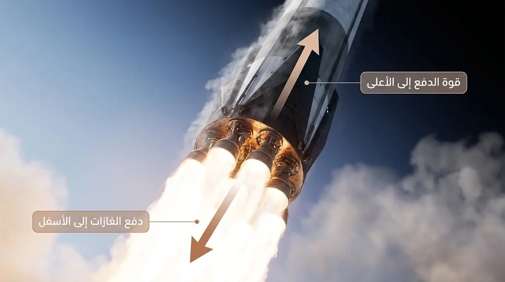 صاروخ فالكون 9 خلال الإطلاق يوضح مبدأ الفعل ورد الفعل في قانون نيوتن الثالث