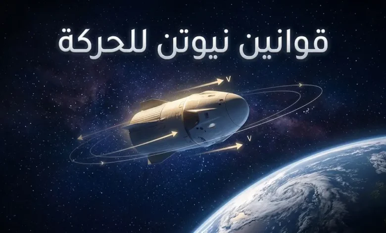 صورة توضيحية لقوانين نيوتن للحركة مع مركبة فضائية تسير في مدار الأرض