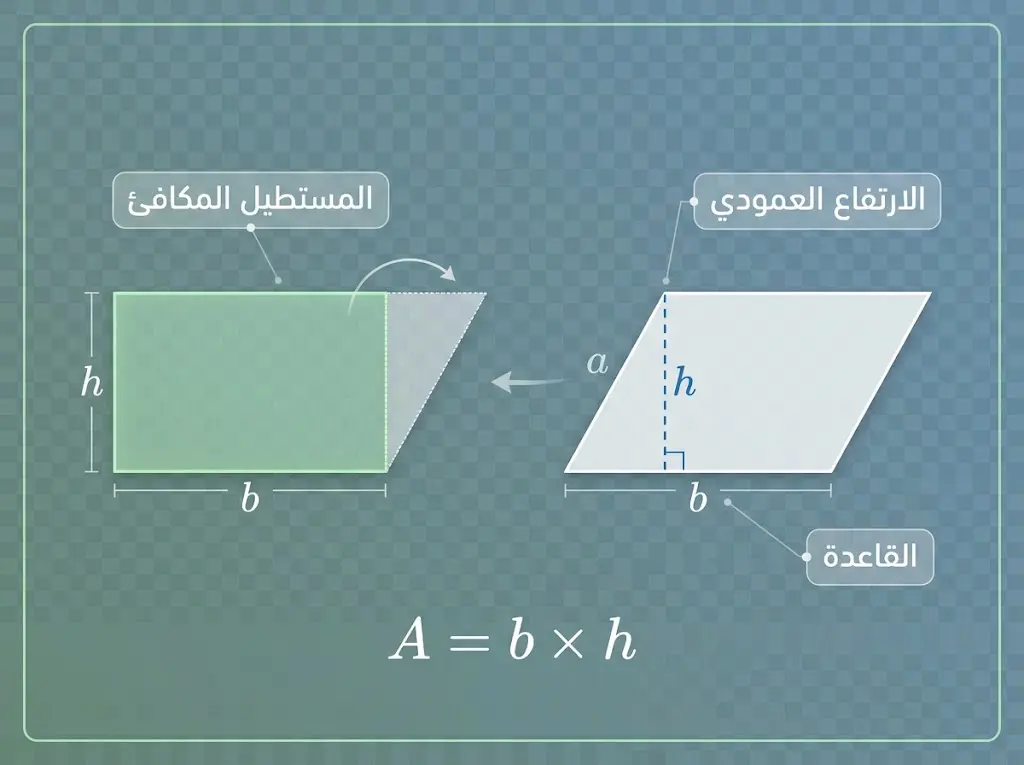رسم توضيحي يُبيّن كيفية اشتقاق قانون مساحة متوازي الأضلاع بقصّ مثلث وإلصاقه لتحويله إلى مستطيل