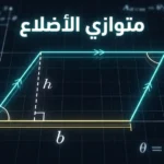 رسم هندسي رياضي دقيق لمتوازي الأضلاع يوضح القاعدة والارتفاع والخصائص الهندسية على شبكة إحداثيات.
