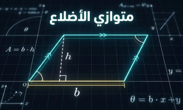 رسم هندسي رياضي دقيق لمتوازي الأضلاع يوضح القاعدة والارتفاع والخصائص الهندسية على شبكة إحداثيات.