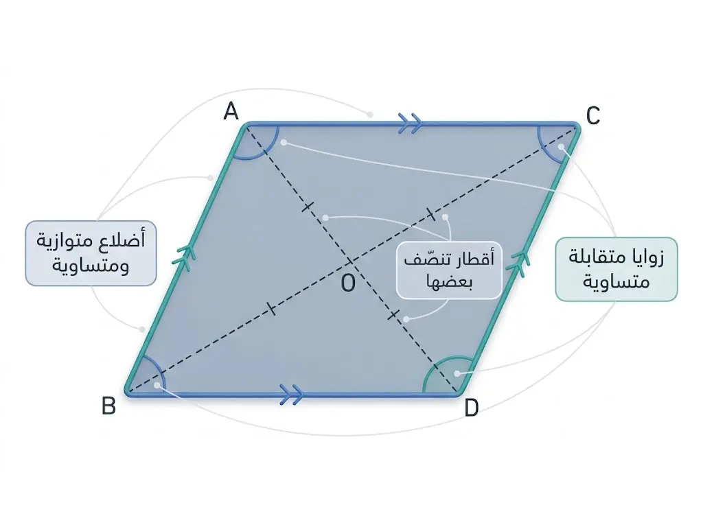  رسم توضيحي علمي لمتوازي الأضلاع يُبرز خصائصه الثلاث: تساوي الأضلاع المتقابلة وتوازيها، تساوي الزوايا المتقابلة، وتنصيف الأقطار لبعضها