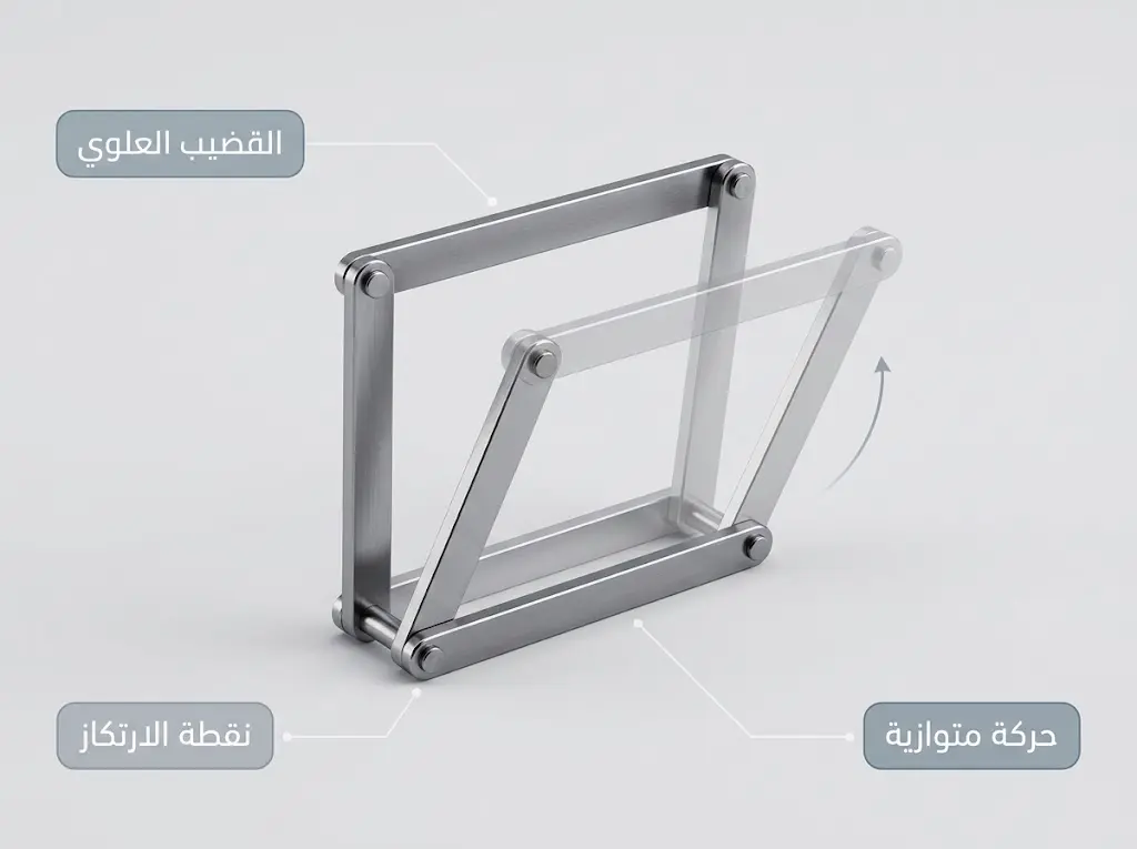 نموذج ثلاثي الأبعاد لآلية متوازي الأضلاع الميكانيكية يُظهر كيف يحافظ القضيب العلوي على توازيه مع القاعدة أثناء الحركة