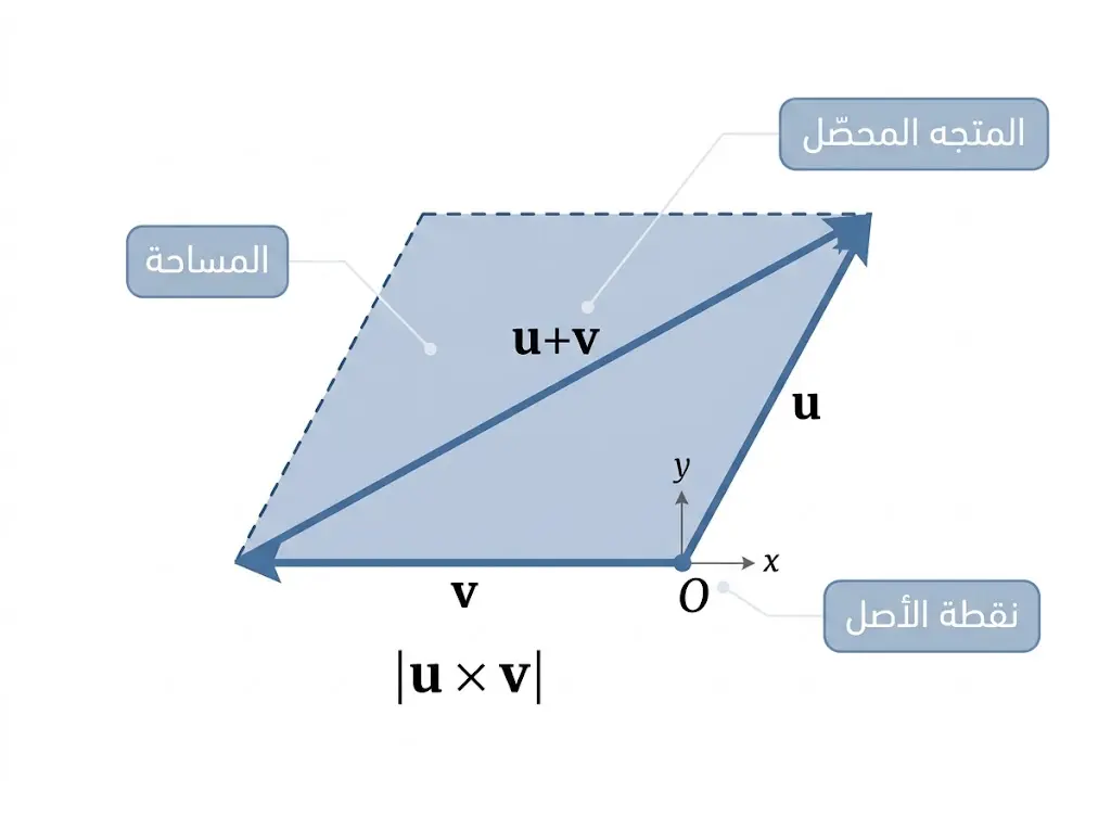 رسم علمي يُظهر متوازي أضلاع مُشكَّلاً من متجهين ينطلقان من نقطة الأصل مع تمييز المساحة المحسوبة بالضرب الاتجاهي