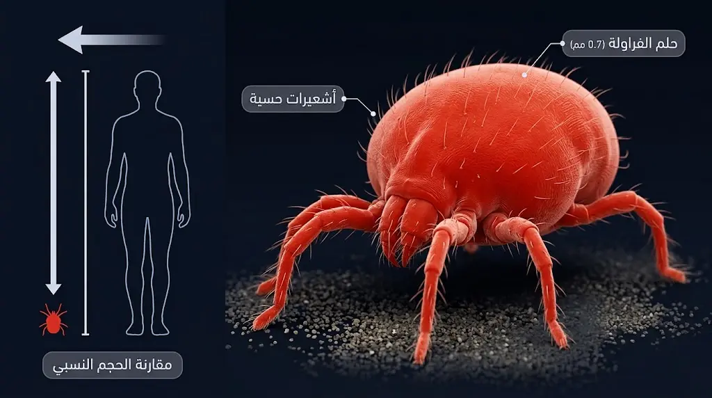 رسم ثلاثي الأبعاد مجهري لحلم الفراولة يوضح تشريحه الدقيق مع مقارنة نسبية بحجم الإنسان توضح معنى سرعة 322 ضعف طول الجسم في الثانية