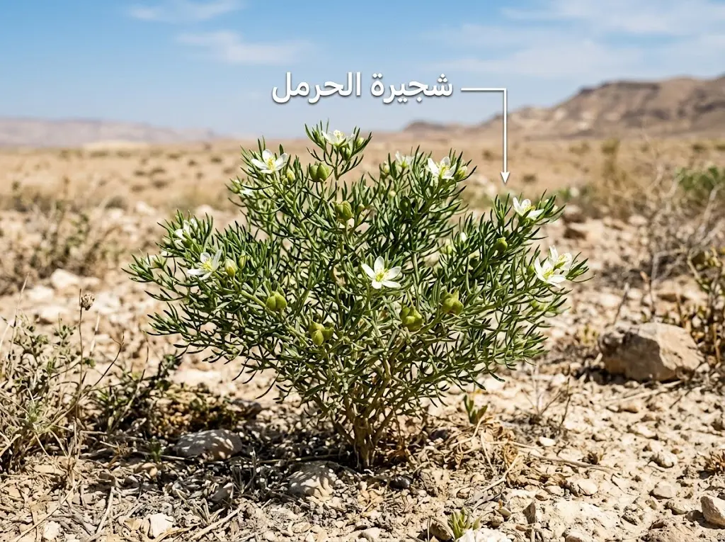 صورة واقعية لشجيرة الحرمل الصغيرة في أرض قلوية جافة مع أوراق ضيقة وبنية منخفضة