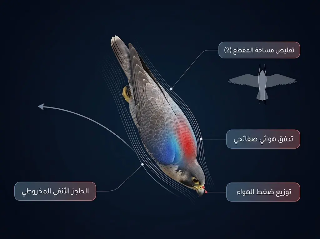رسم علمي ثلاثي الأبعاد يوضح الديناميكا الهوائية لغطسة الصقر الجوال مع مناطق الضغط ومعامل السحب