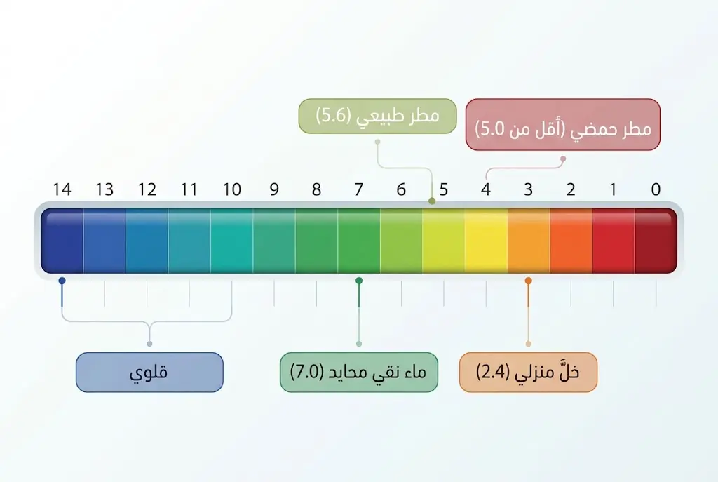 مقياس الرقم الهيدروجيني pH يوضح مواضع المطر الطبيعي والمطر الحمضي والخل والماء النقي