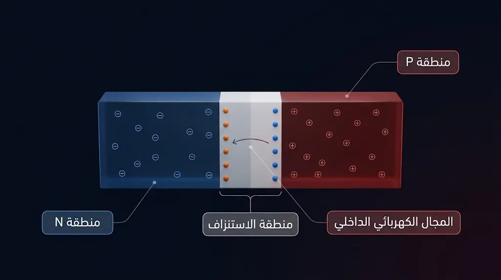 مقطع علمي ثلاثي الأبعاد يُظهر بنية الوصلة الثنائية P-N ومنطقة الاستنزاف والمجال الكهربائي الداخلي