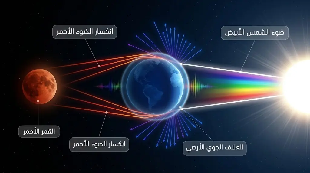 رسم علمي يوضح آلية تشتت رايلي وكيفية عبور الضوء الأحمر عبر الغلاف الجوي الأرضي ليصبغ القمر باللون النحاسي