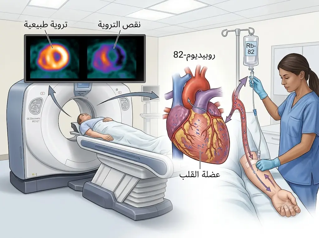 رسم طبي علمي يوضح استخدام الروبيديوم-82 في تصوير تروية عضلة القلب بجهاز PET.