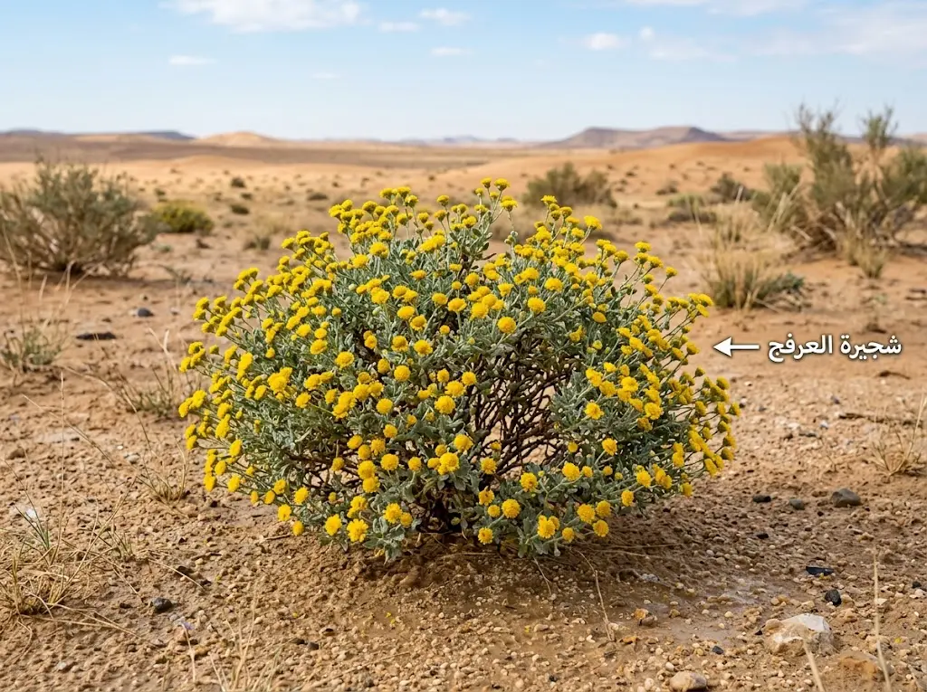 صورة واقعية لشجيرة العرفج بأزهار صفراء زاهية بعد الأمطار الموسمية في بيئة صحراوية