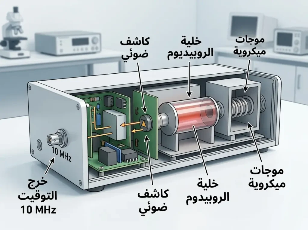 مقطع توضيحي لساعة ذرية بالروبيديوم يبين خلية البخار والموجات الميكروية والكاشف الضوئي وخط خرج التوقيت.