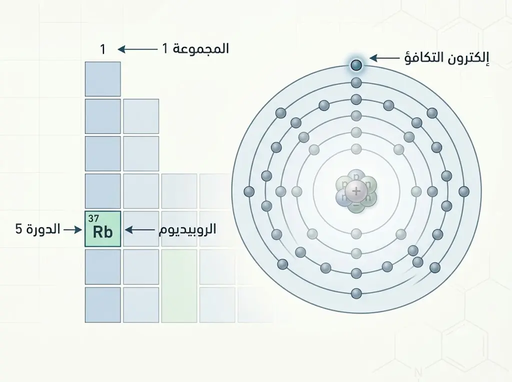 رسم علمي يوضح موقع الروبيديوم في المجموعة الأولى والدورة الخامسة مع إبراز إلكترون التكافؤ الخارجي.
