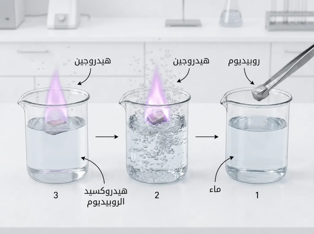 تسلسل علمي يوضح تفاعل الروبيديوم مع الماء وانطلاق الهيدروجين وتكوّن هيدروكسيد الروبيديوم