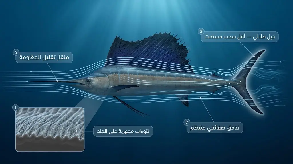 رسم ثلاثي الأبعاد لسمكة الشراع تحت الماء يوضح الشكل الانسيابي وخطوط التدفق الصفائحي والنتوءات المجهرية على الجلد