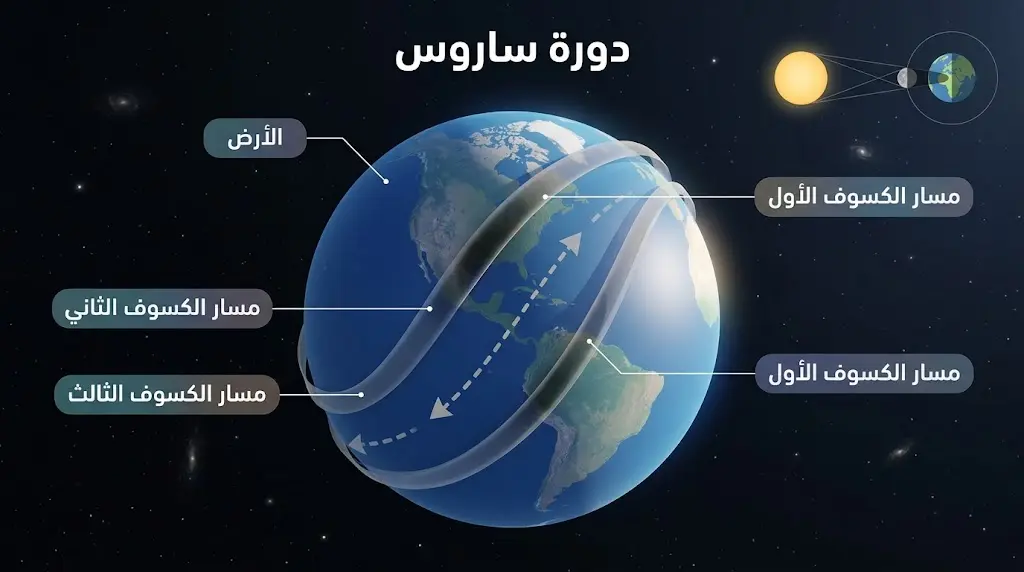 رسم علمي يوضح دورة ساروس وتكرار مسارات كسوف الشمس على سطح الأرض