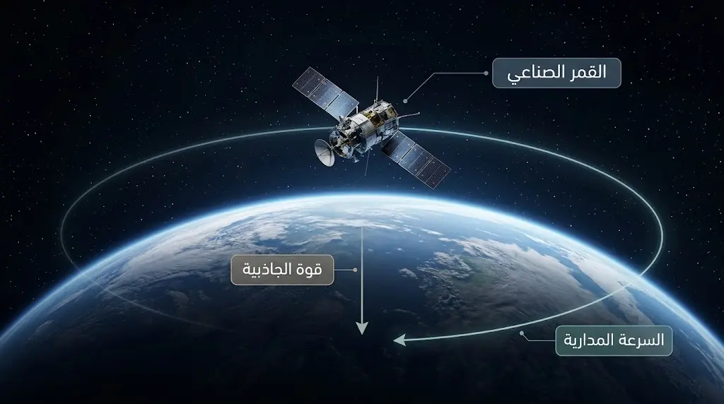 قمر صناعي في مدار أرضي منخفض يوضح توازن الجاذبية مع السرعة المدارية