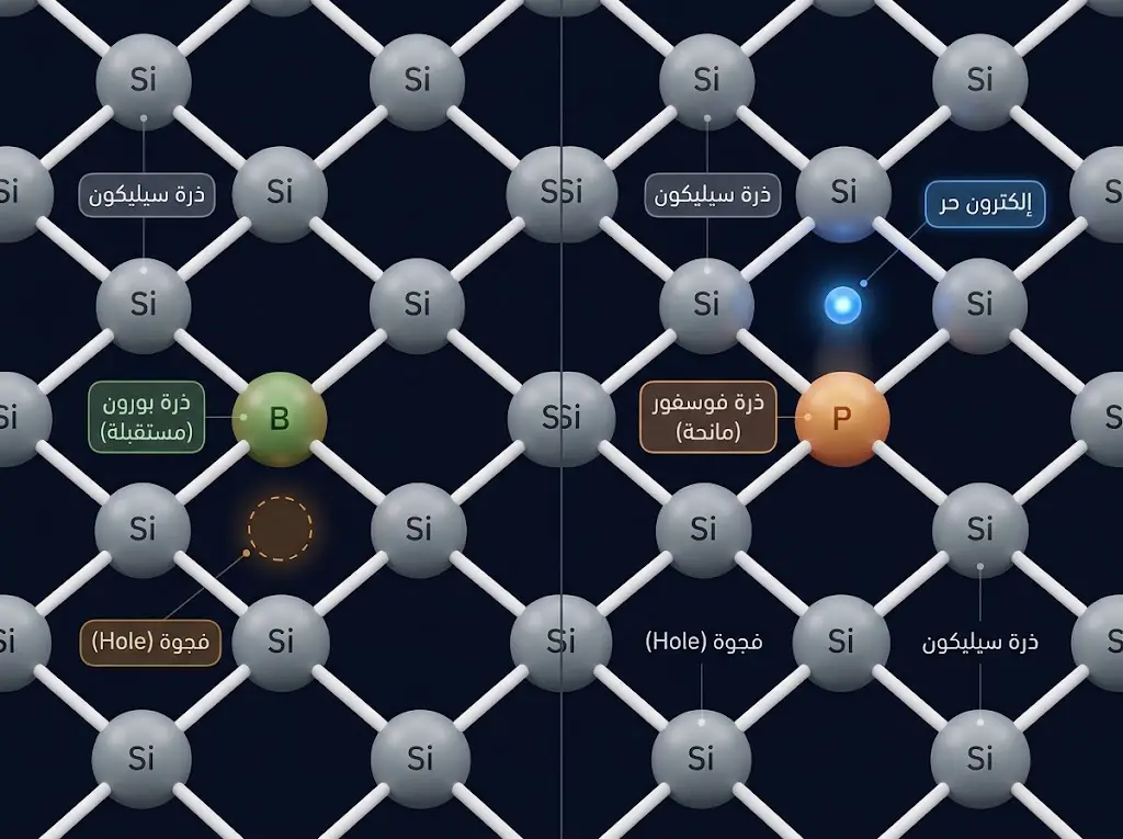 تمثيل ثلاثي الأبعاد لعملية تطعيم السيليكون بالفوسفور لإنتاج N-Type وبالبورون لإنتاج P-Type