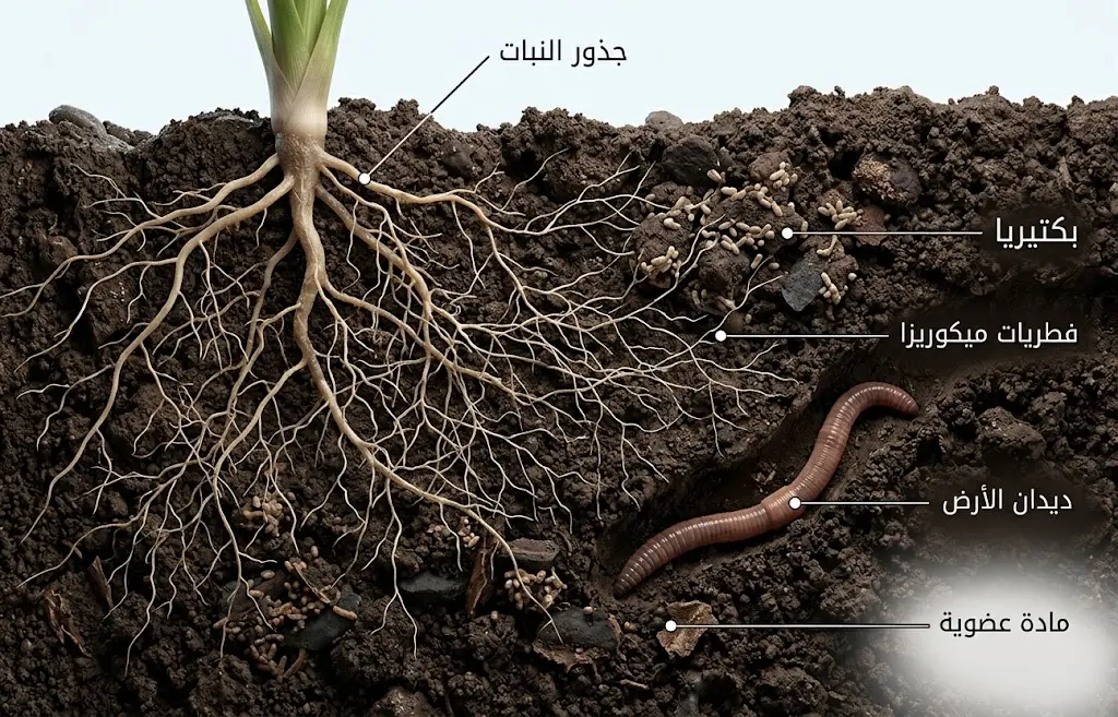 مقطع واقعي يوضح جذور النبات داخل تربة حيّة تضم بكتيريا وفطريات ميكوريزا وديدان أرض ومادة عضوية.
