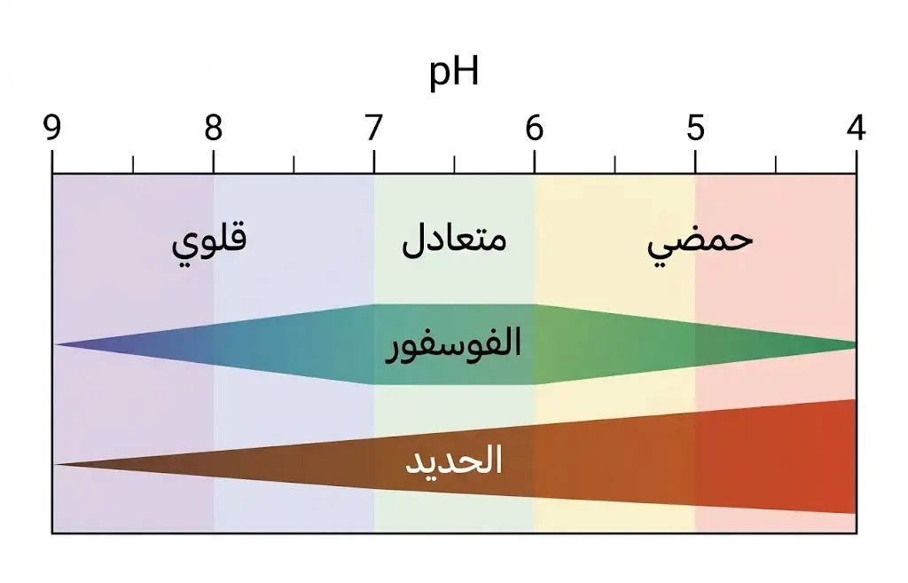 مخطط يبين تغير توافر الحديد والفوسفور مع تغير درجة حموضة التربة من حمضي إلى قلوي.