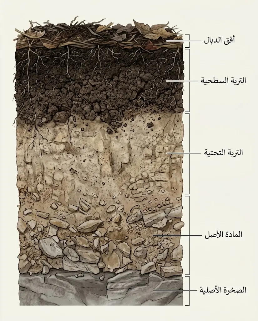 مقطع طبقي يوضح آفاق التربة من أفق الدبال حتى الصخرة الأصلية.