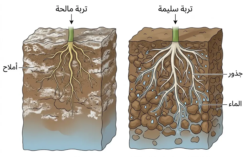 مقارنة بين منطقة جذور في تربة سليمة وأخرى مالحة تُظهر تراكم الأملاح حول الجذور وصعوبة وصول الماء.