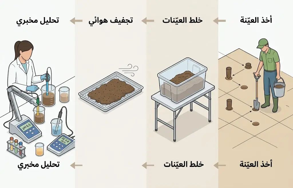مخطط خطوات تحليل التربة يبدأ بأخذ العينة وينتهي بالتحليل المخبري.