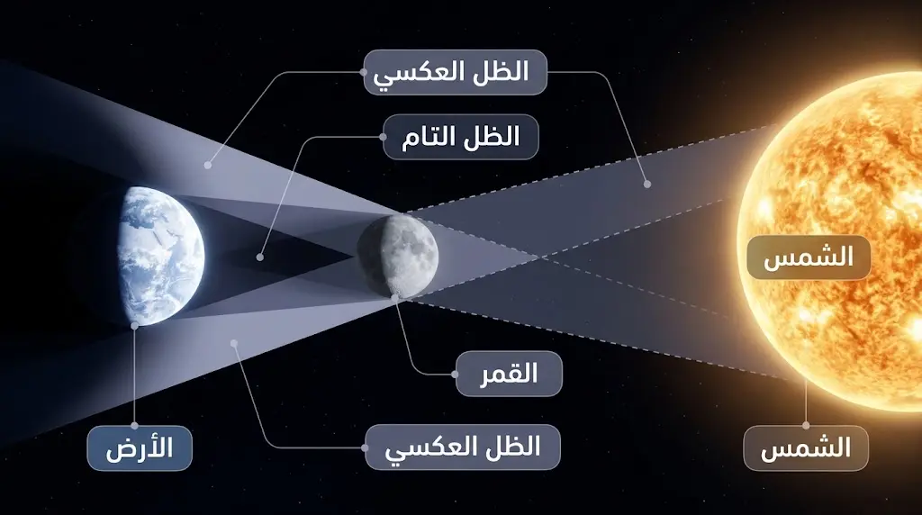رسم علمي ثلاثي الأبعاد لهندسة ظلال كسوف الشمس مع مناطق الظل الثلاث