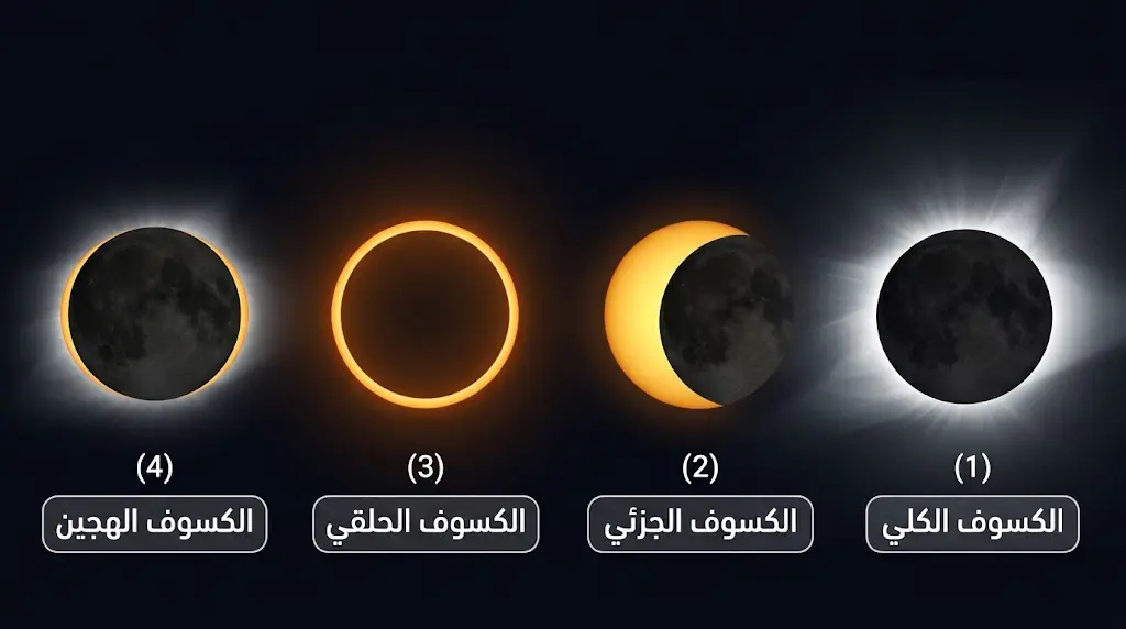 مقارنة بصرية لأنواع كسوف الشمس الأربعة: الكلي والجزئي والحلقي والهجين